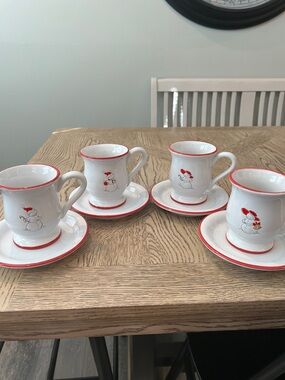 Williams Sonoma White Mugs and dessert plates with Red-Rim Snowman Motif